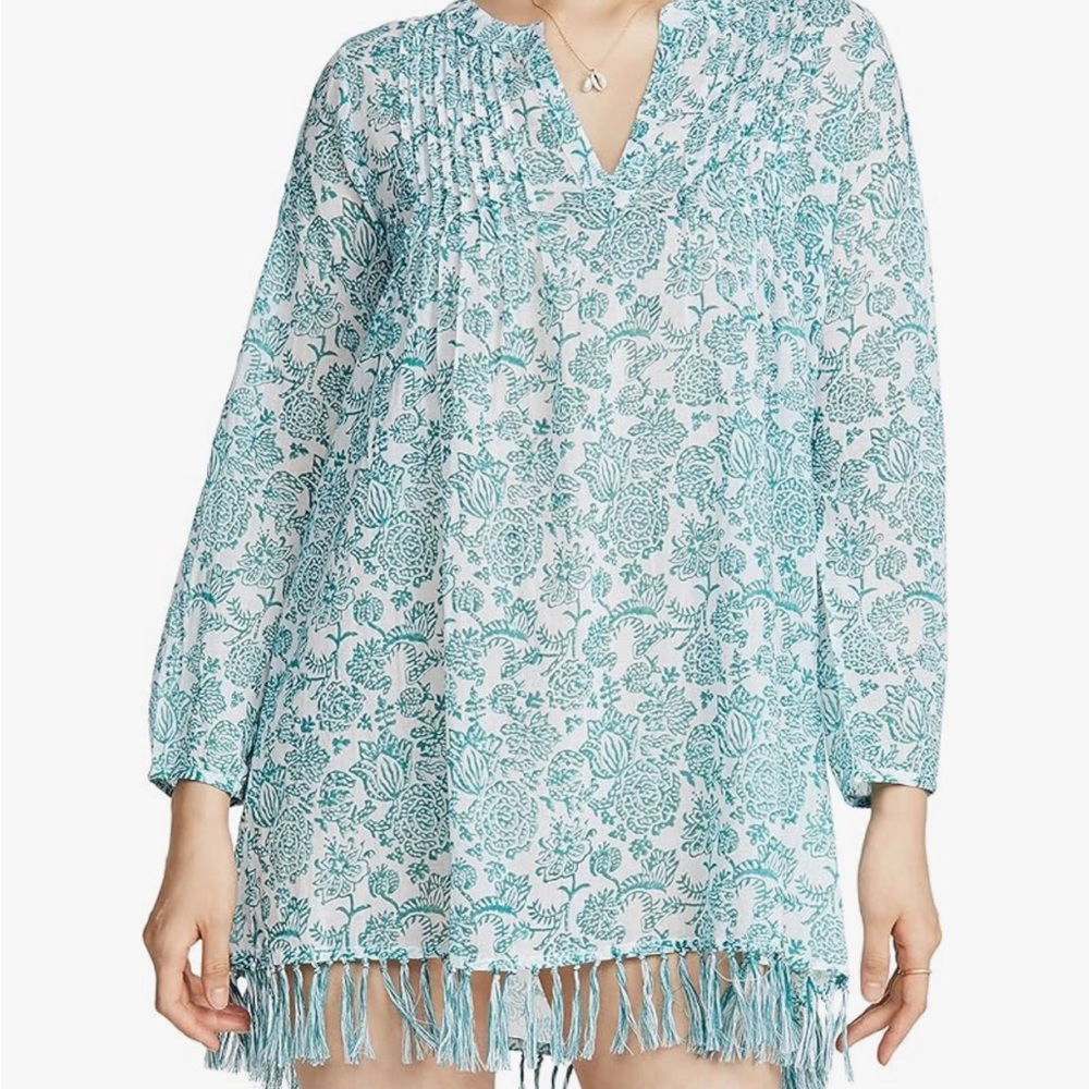 Roller Rabbit Teal and White Floral Fringe Swim Coverup Tunic